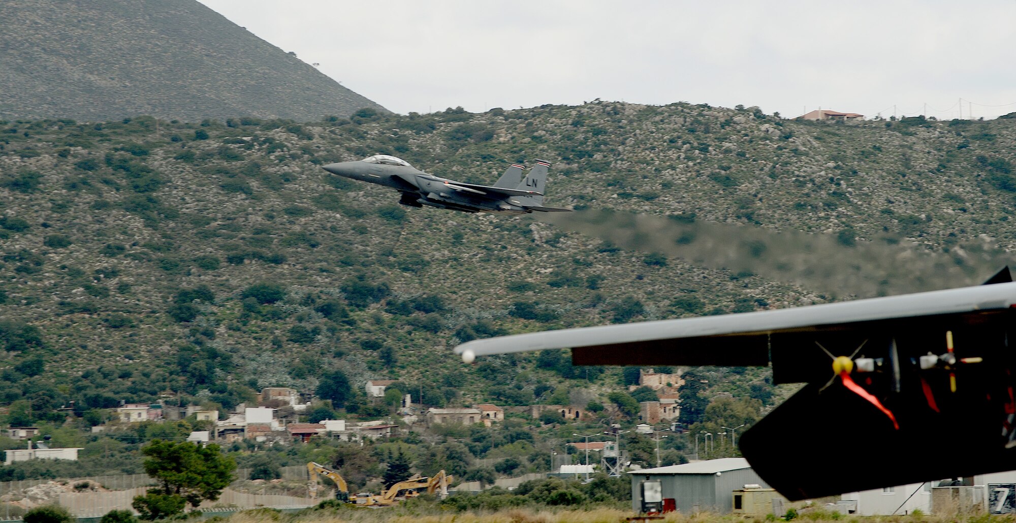 An F-15E Strike Eagle of the 494th Expeditionary Fighter Squadron takes off from Souda Air Base, Greece, during a flying training deployment with the Hellenic air force, Feb. 25, 2014. The mission exercised participating units in combined air operations and extended joint war-fighting capability through operational training. (U.S. Air Force photo by Staff Sgt. Thomas Trower/Released)