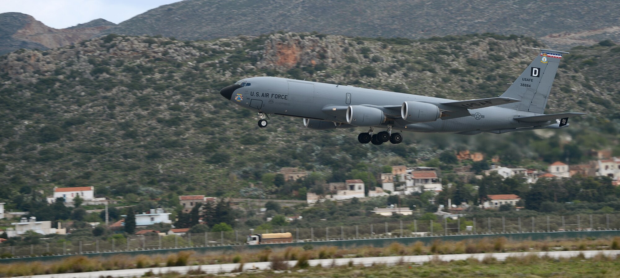 A KC-135 Stratotanker takes off from Souda Air Base, Greece, during a flying training deployment with the Hellenic air force, Feb. 25, 2014. The Royal Air Force Mildenhall, England, crew supports the training with air refueling assets. (U.S. Air Force photo by Staff Sgt. Thomas Trower/Released)