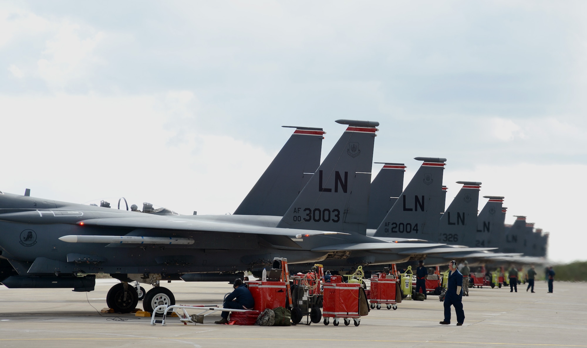 Maintainers deployed to the 494th Expeditionary Fighter Squadron prep F-15E Strike Eagles for sorties at Souda Air Base, Greece, during a flying training deployment with the Hellenic air force, Feb. 25, 2014. Military relations between the U.S. and Greece date back to the early 19th century, when Greece was fighting for independence, as the two nations found commonality under their values of freedom and democracy. (U.S. Air Force photo by Staff Sgt. Thomas Trower/Released)