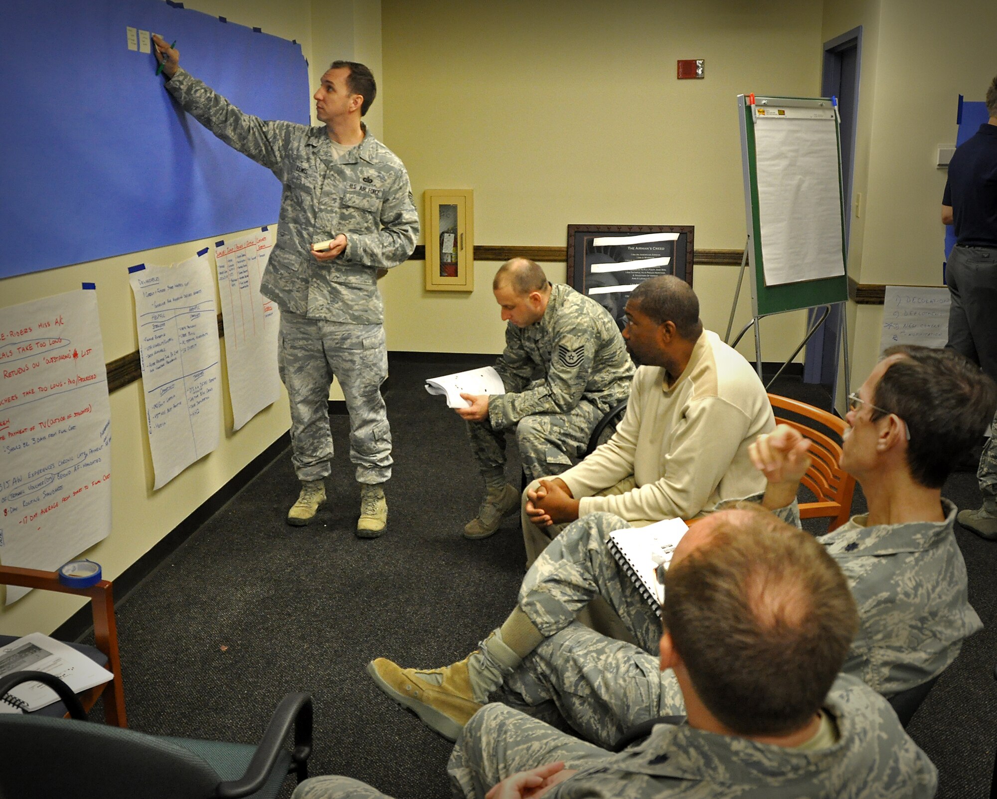 During an Air Force Smart Operations for the 21st Century Green Belt Academics Course this week at the 315th Airlift Wing on Joint Base Charleston, S.C., Tech Sgt. Steven Lewis, 315th Operation Support Squadron, posts stickies with steps that his group has identifed for their chossen process. AFSO-21 is a dedicated effort to maximize value and minimize waste in its processes. The training’s objective is to establish a community of continuous process improvement that leverages the benefits of the collective experience, expertise, tools, and best practices. (U.S. Air Force Reserve photo by Michael Dukes)
