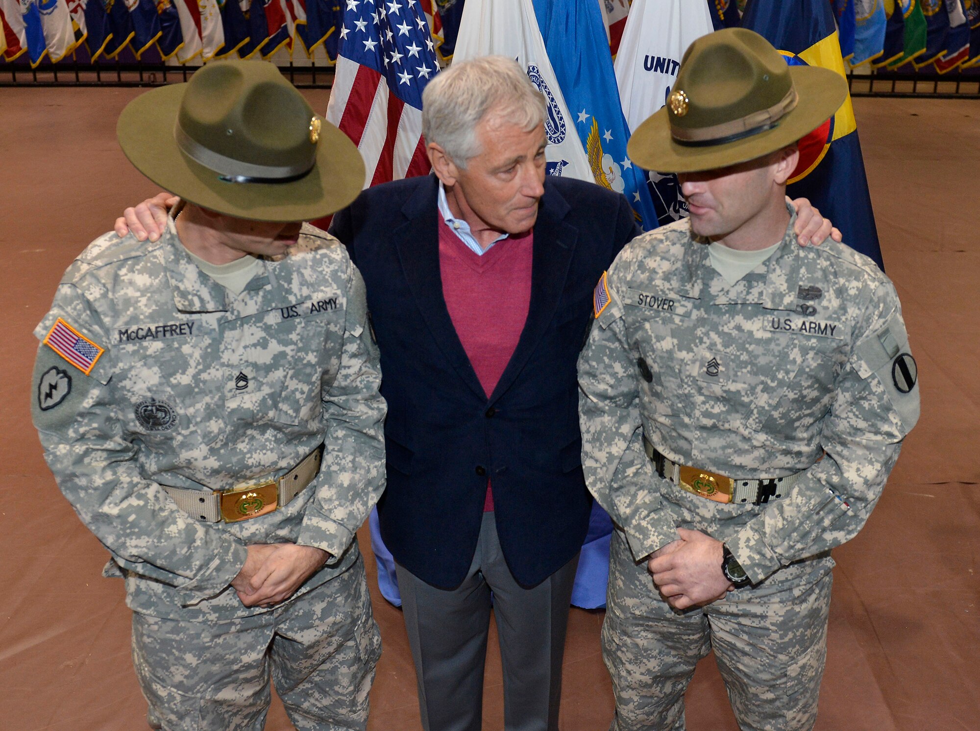 Defense Secretary Chuck Hagel chats with two Army drill sergeants during his visit to Fort Eustis, Va., Feb. 25, 2014. Hagel, who also visited nearby Langley Air Force Base, is on a three-day trip during which he will participate in NATO meetings for defense ministers in Brussels. (DOD photo by Glenn Fawcett)
