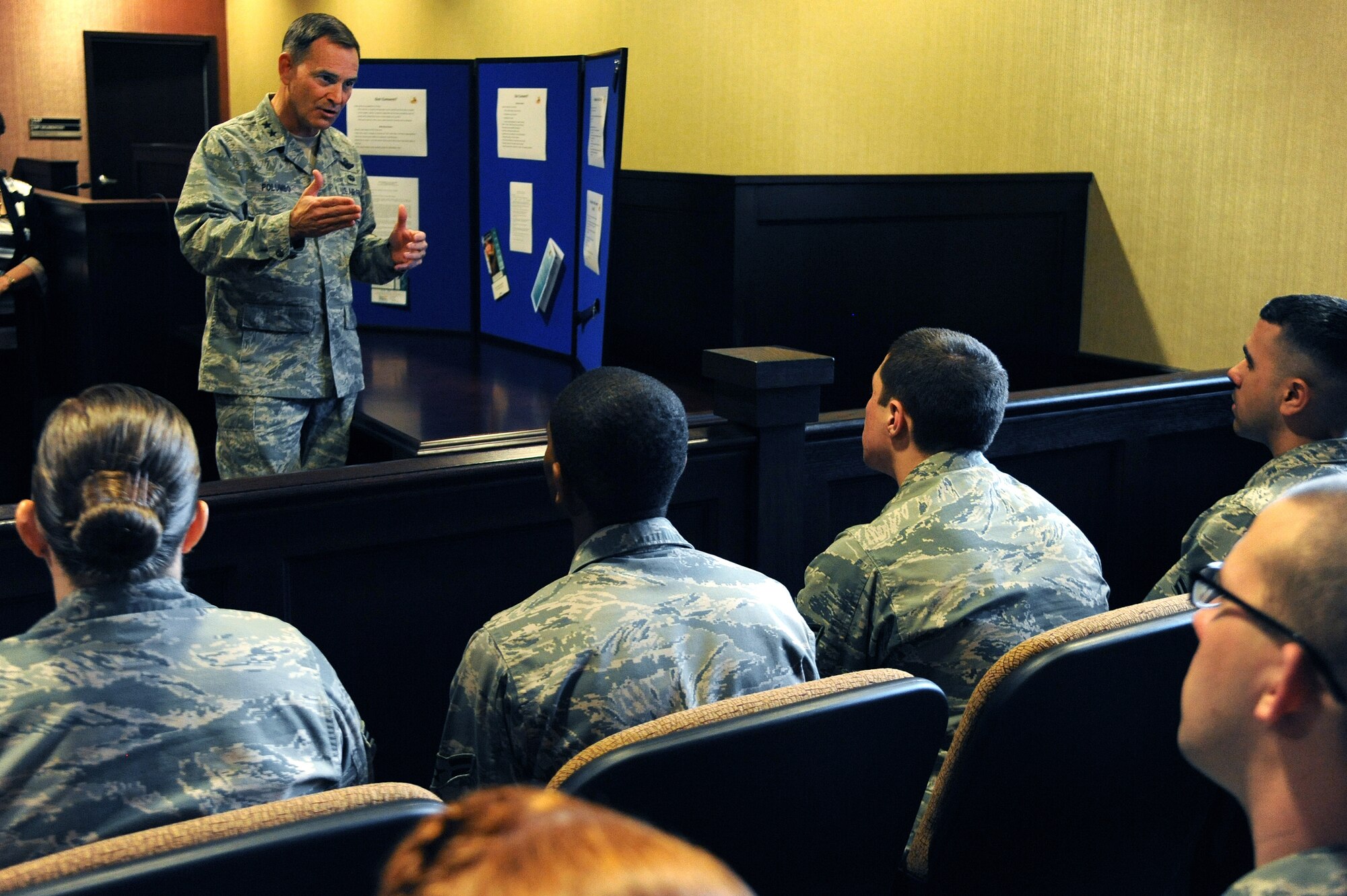 Maj. Gen. Jake Polumbo, Ninth Air Force commander, speaks to new Airmen about the "Got Consent?" program, Feb. 20, 2014, at Seymour Johnson Air Force Base, N.C. The interactive program places First Term Airmen Course members in a jury to participate in a simulated sexual assault trial. It is intended to educate Airmen on the severity of sexual assault in the military and allow them to experience the challenge of participating in these trials. (U.S. Air Force photo by Airman 1st Class Aaron J. Jenne)