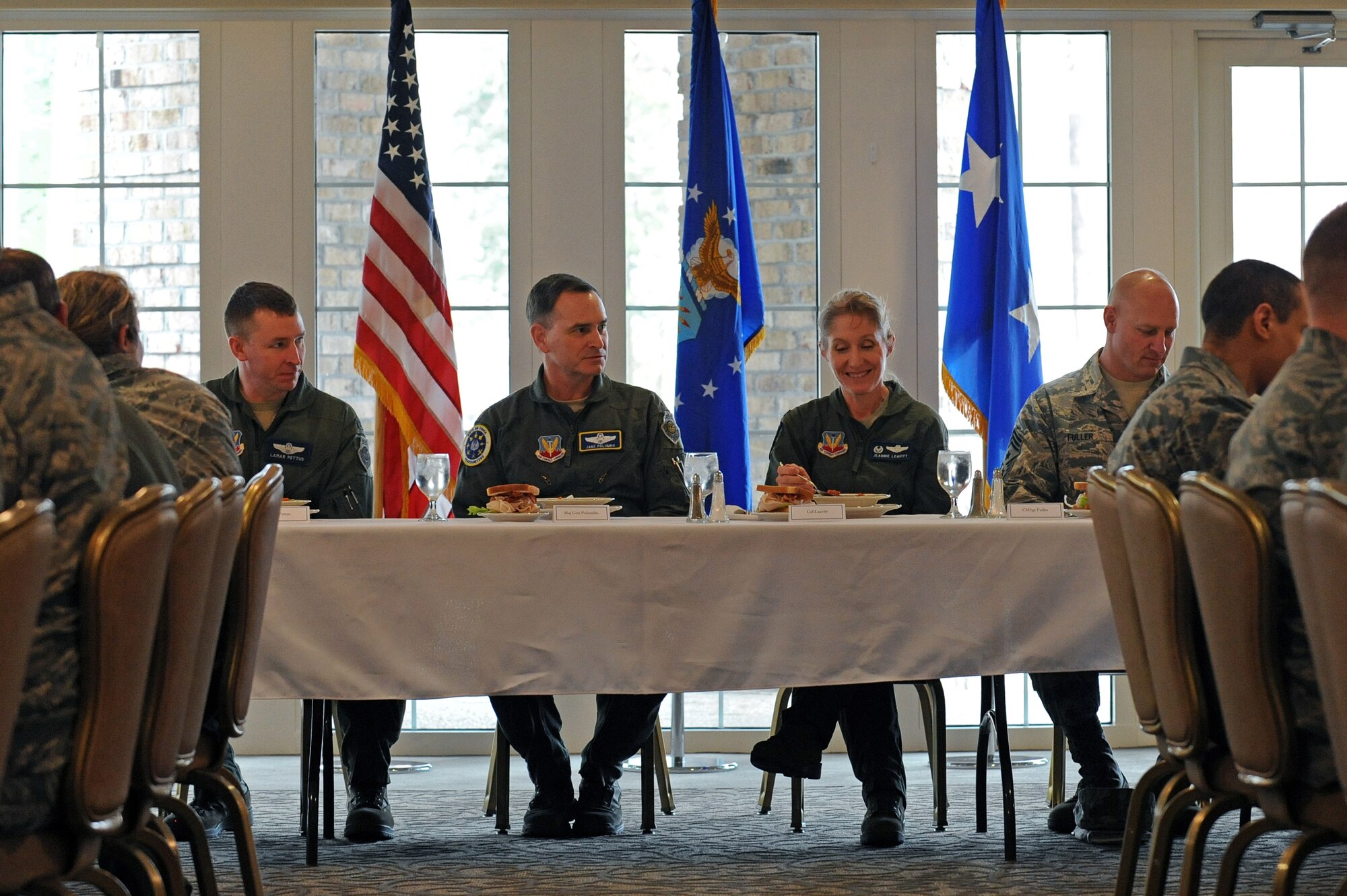 Maj. Gen. Jake Polumbo, Ninth Air Force commander, attends a luncheon with 4th Fighter Wing company grade officers, Feb. 19, 2014, at Seymour Johnson Air Force Base, N.C. During the event, Polumbo discussed various topics affecting the mission of the 4th FW. (U.S. Air Force photo by Airman 1st Class Aaron J. Jenne)