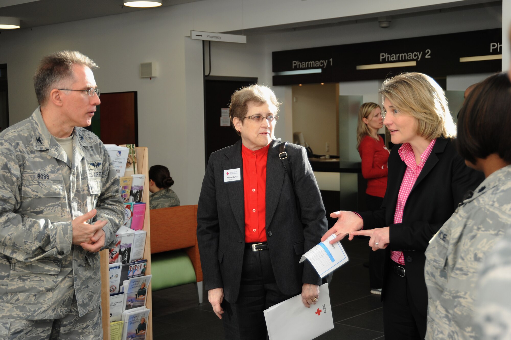 U.S. Air Force Col. Michael Ross, 52nd Medical Group deputy commander, left, gives a facility tour to Ahava Martin, western regional manager of the American Red Cross' Service to the Armed Forces, center left, and Sherri Brown, senior vice president of the American Red Cross' Service to the Armed Forces, center right, Feb. 25, 2014, at Spangdahlem Air Base, Germany. Brown visited Spangdahlem as part of a European tour to meet Red Cross workers in Europe. (U.S. Air Force photo by Airman 1st Class Dylan Nuckolls/Released)