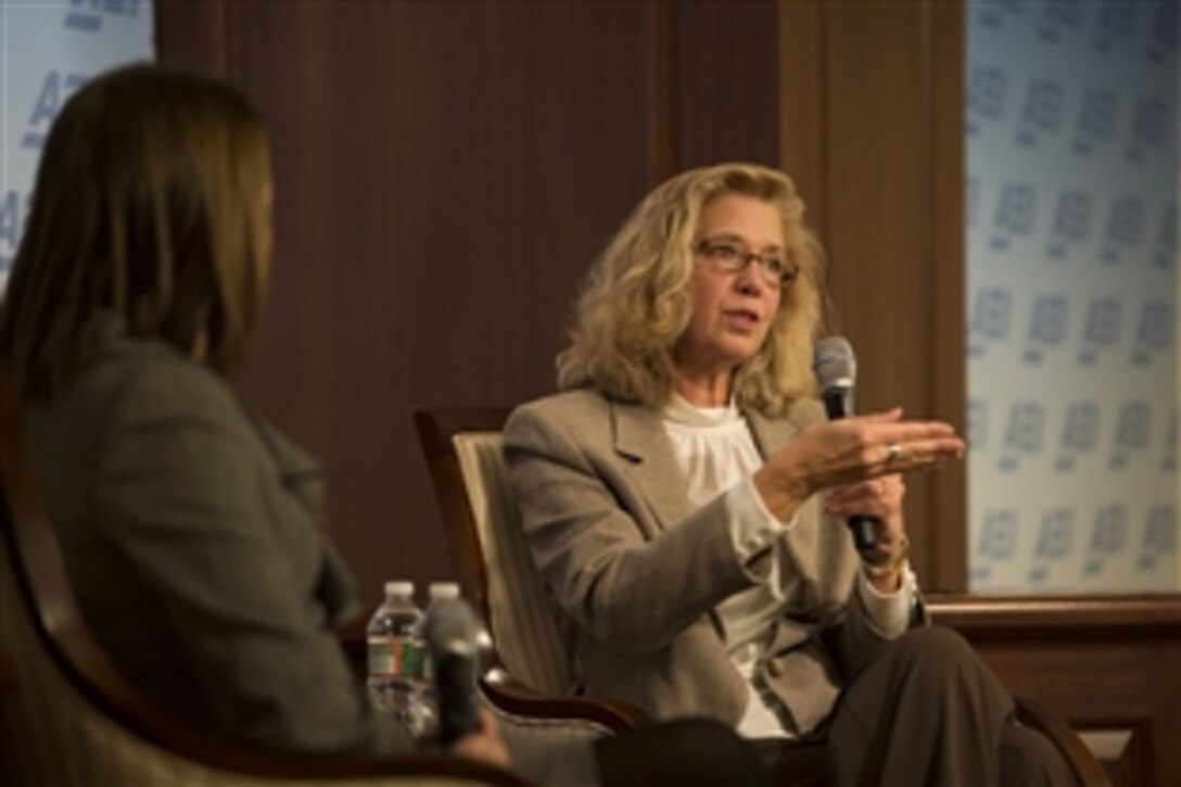 Acting Deputy Defense Secretary Christine H. Fox delivers remarks on the Defense Department's budget priorities at the American Enterprise Institute in Washington, D.C., Feb. 26, 2014. 