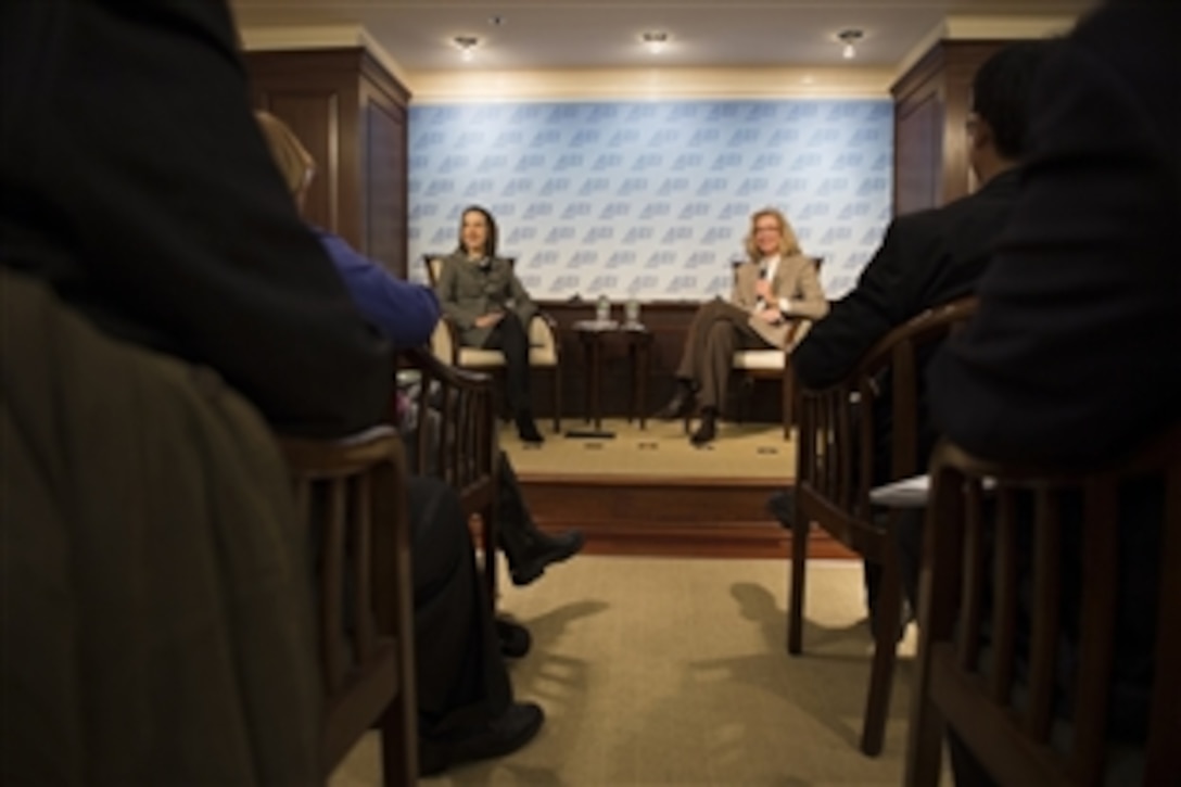 Acting Deputy Defense Secretary Christine H. Fox delivers remarks on the Defense Department's budget priorities at the American Enterprise Institute in Washington, D.C., Feb. 26, 2014. 