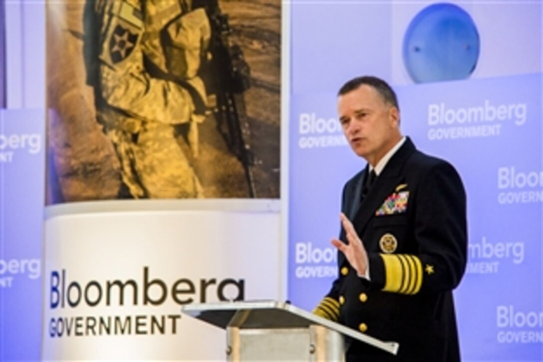 Navy Adm. James A. Winnefeld Jr., vice chairman of the Joint Chiefs of Staff, speaks at Bloomberg Government's conference on defense spending and strategy in Washington, D.C., Feb. 26, 2014. Winnefeld addressed the fiscal year 2015 defense budget and its impact on policy, industry and posture for the civilian sector supporting the military.