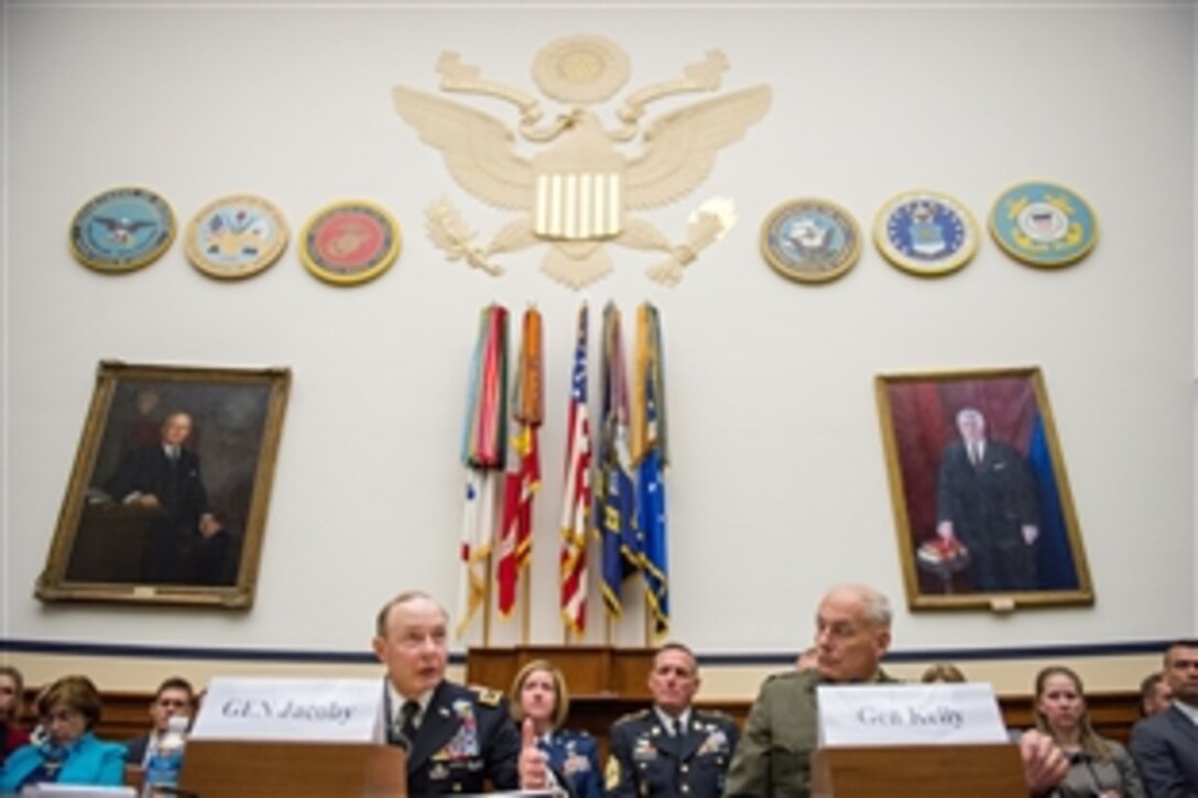 Army Gen. Charles H. Jacoby Jr., commander of U.S. Northern Command, and Marine Corps Gen. John F. Kelly, commander of U.S. Southern Command, testifiy before the House Armed Services Committee in Washington, D.C., Feb. 26, 2014.