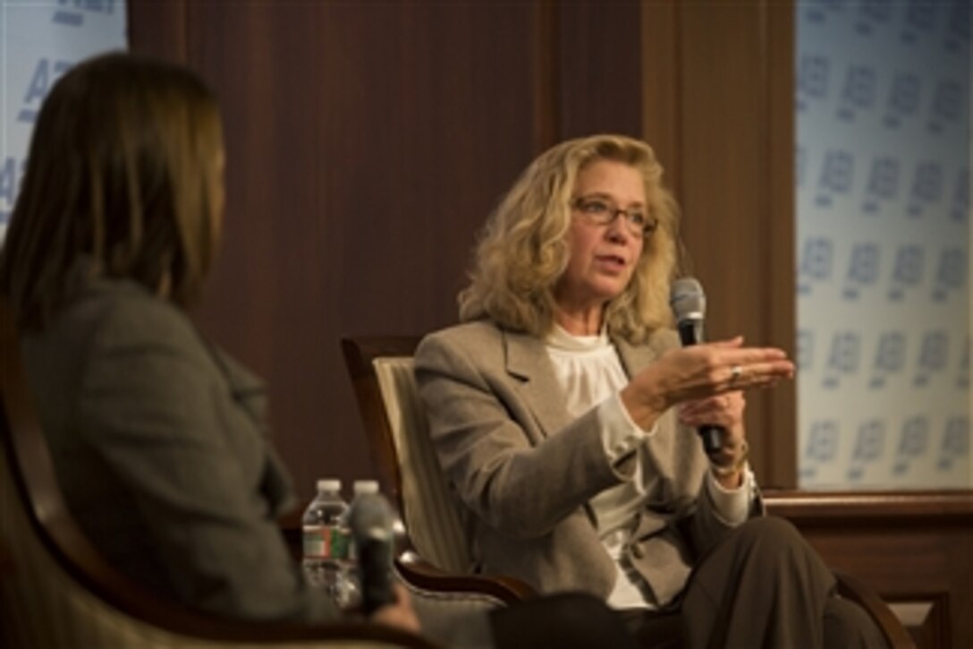 Acting Deputy Defense Secretary Christine H. Fox delivers remarks on the Defense Department's budget priorities at the American Enterprise Institute in Washington, D.C., Feb. 26, 2014. 