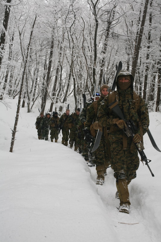 Republic of Korea and U.S. Marines walk to the next station of a squad competition course during Korean Marine Exchange Program 14-2 Feb. 18 at the Pyeongchang Training Area in Pohang, Republic of Korea. (U.S. Marine Corps photo by Sgt. Anthony J. Kirby/Released)