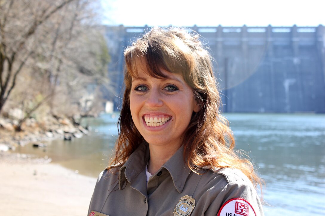 Sarah Peace, park ranger and natural resource specialist at the U.S. Army Corps of Engineers Nashville District’s Center Hill Lake in Lancaster, Tenn., is the Nashville District Employee of the Month for January 2014. Here she is below Center Hill Dam in Lancaster, Tenn., Feb. 27, 2014.