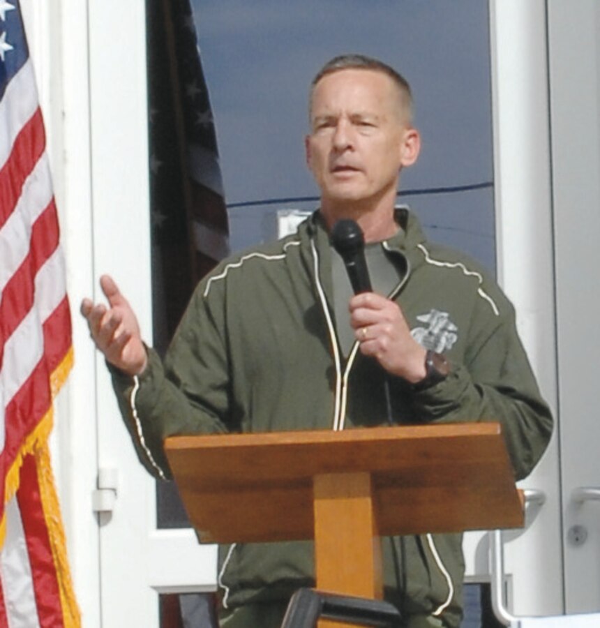 Lt. Gen. Mark Faulkner, deputy commandant, Installations and Logistics, Headquarters Marine Corps, addresses runners and supporters of the second annual 9/11 Heroes Run in Leesburg, Ga., Saturday.