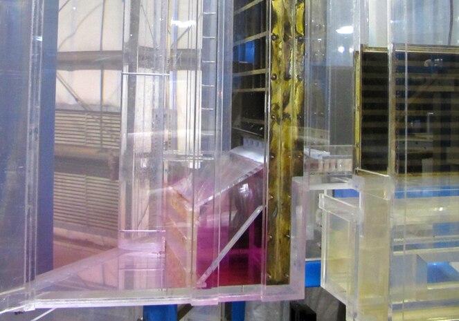 Dye testing allows Walla Walla District engineers to observe flow effects through a variety of preliminary design models May 24-26, 2011, at Corps’ Engineer Research and Development Center in Huntsville, Ala.  Flow data is collected and analyzed to help engineers make final-design decisions.