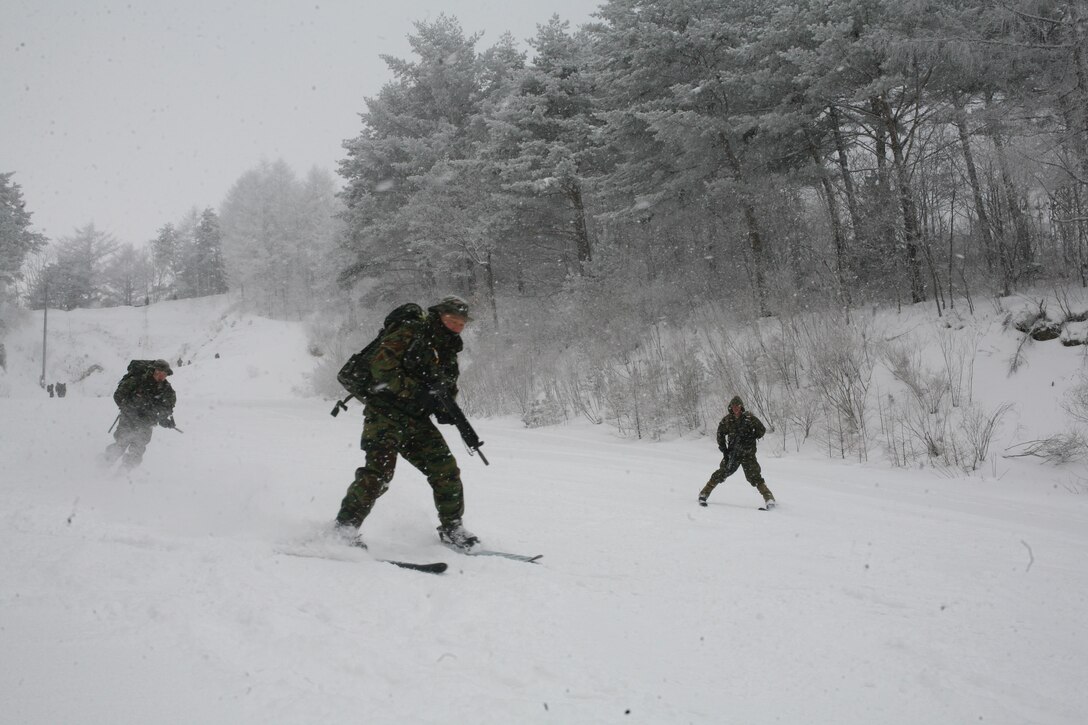 Republic of Korea and U.S. Marines participate in the assault ski portion of a squad competition course as part of Korean Marine Exchange Program 14-2 Feb. 18 at the Pyeongchang Training Area in Pohang, Republic of Korea. The six-mile, four-station course had to be completed within eight hours. The ROK Marines are with 2nd Reconnaissance Battalion, and the U.S. Marines are with Company F, 2nd Battalion, 3rd Marine Regiment, currently assigned to 4th Marine Regiment, 3rd Marine Division, III Marine Expeditionary Force, under the unit deployment program. (U.S. Marine Corps photo by Sgt. Anthony J. Kirby/Released)