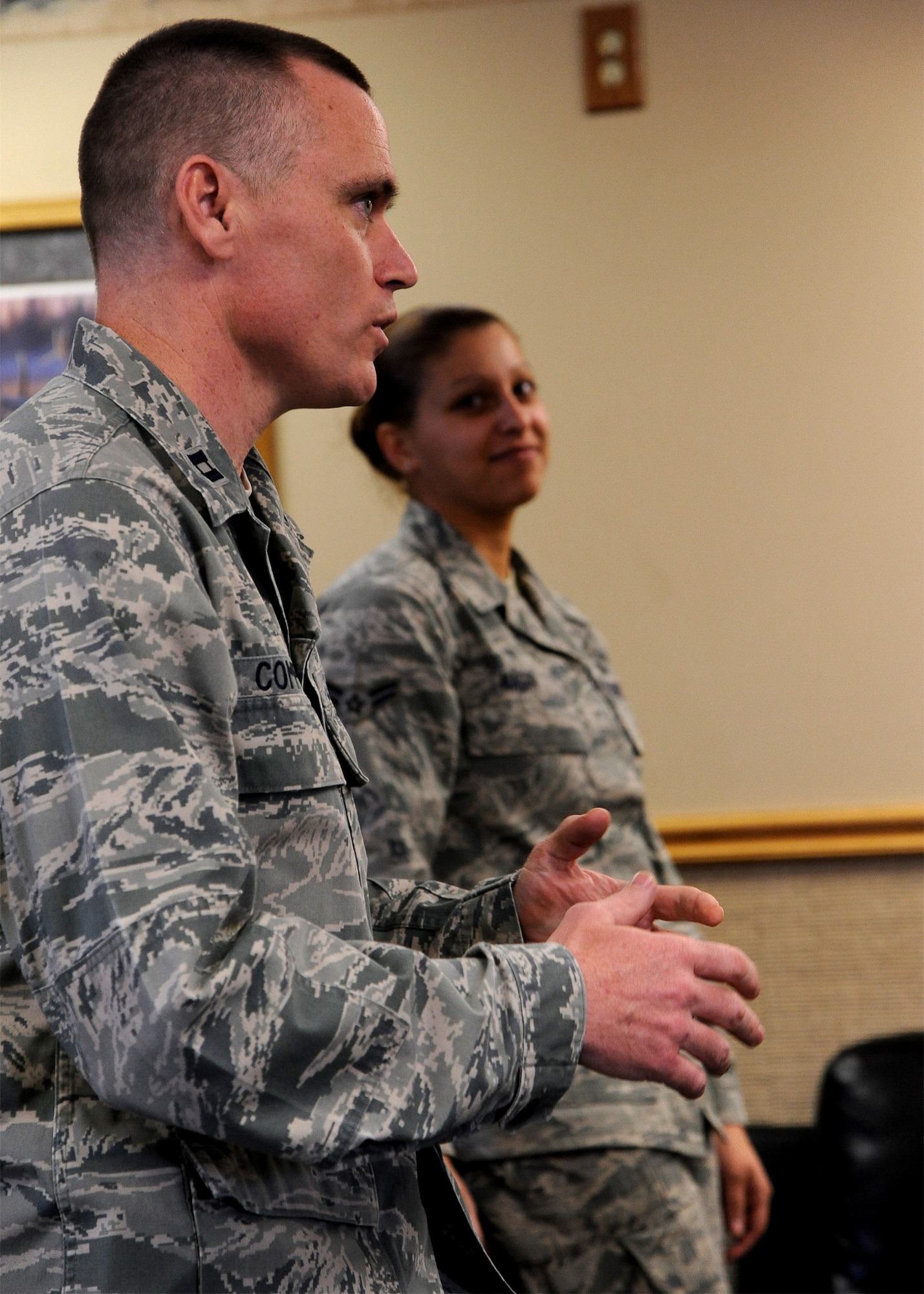 Chaplain (Capt.) Robert Compere, 341st Missile Wing chaplain, shares stories with Airmen during a MAF a Month tour at one of Malmstrom’s missile alert facilities Feb. 20. The program aims to close the gap between the solitude of life in the missile field and the comforts of home that Airmen work hard to defend. (U.S. Air Force photo/Airman 1st Class Collin Schmidt)