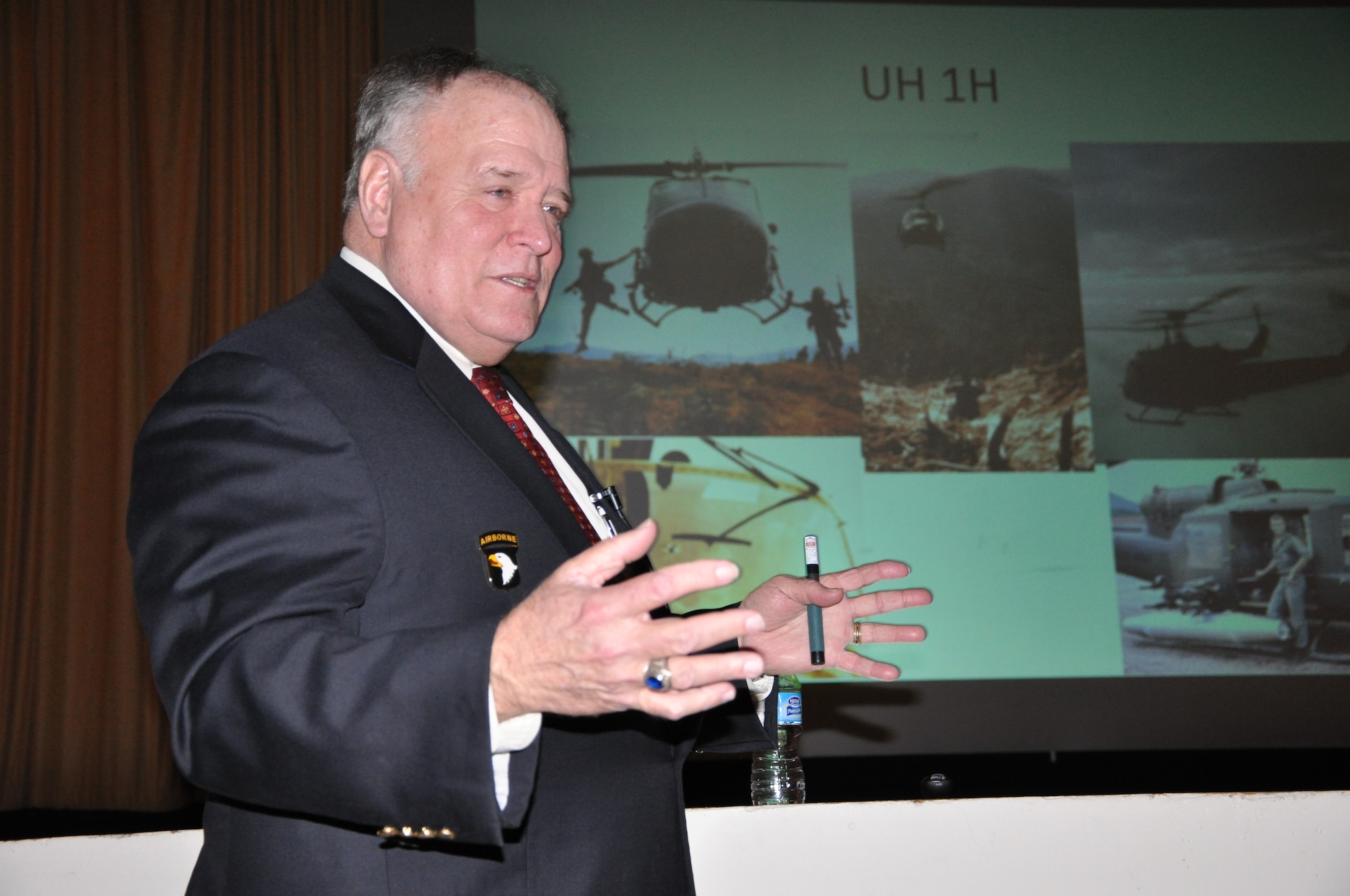 Retired Lt. Col. Michael Sloniker shares his service heritage with approximately 200 members of the 552nd Air Control Wing and other members of Tinker Feb. 20 in the Team Tinker Auditorium. (Air Force photo by Darren D. Heusel)