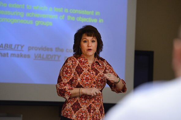 TULSA AIR NATIONAL GUARD BASE, Tulsa, Okla. - Tammie Smeltzer, professional and continuing education director for the I.G. Brown Training and Education Center, Tenn., teaches students about tests Feb. 24 during the Instructor Certification Program course. Smeltzer and her staff take the course on the road to certify satellite enlisted professional military education facilitators and Air Force specialty career trainers. They also teach the popular course from the TEC's campus. (U.S. Air National Guard photo by Senior Master Sgt. Preston L. Chasteen/Released)
