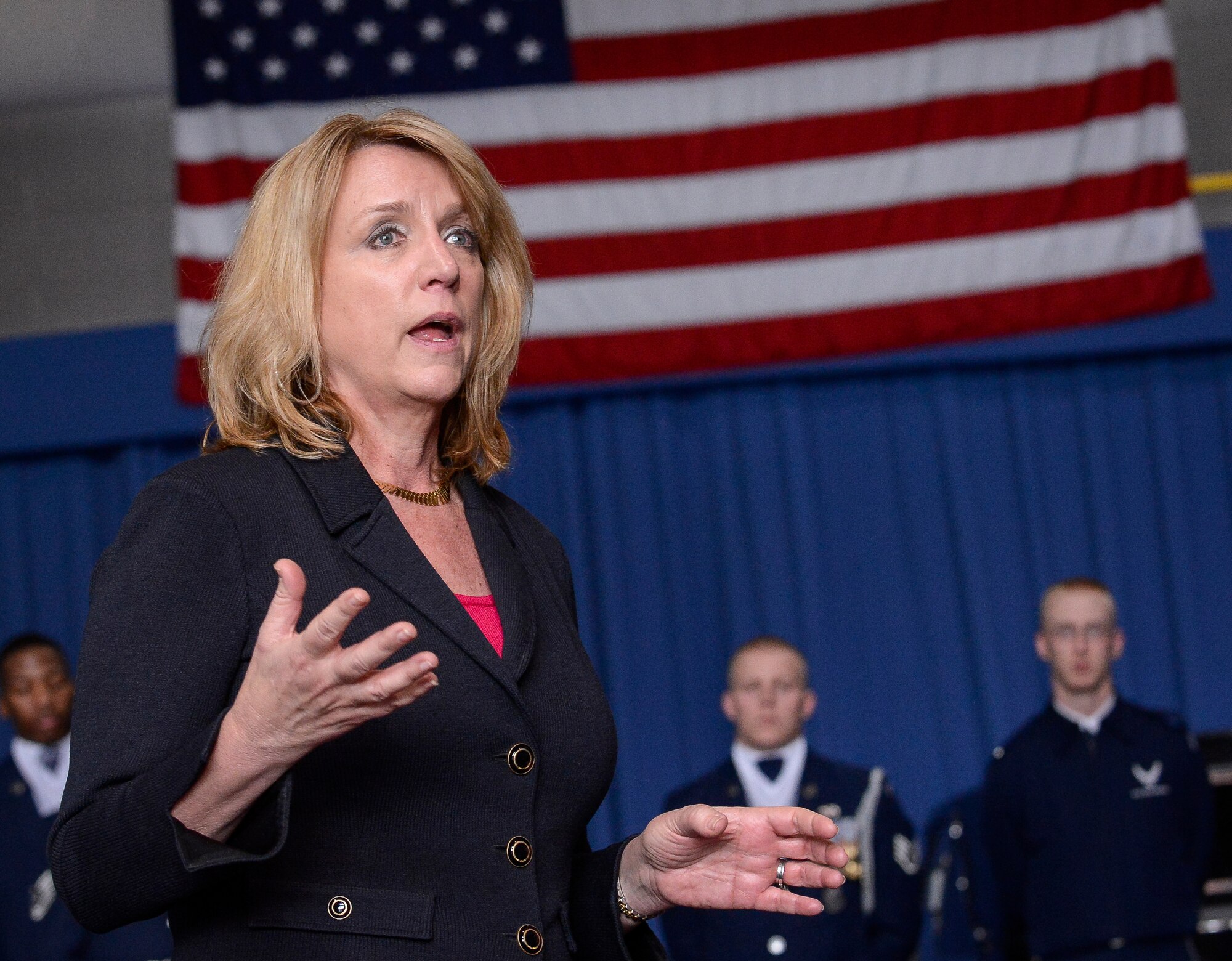 Secretary of the Air Force Deborah Lee James addresses members of The U.S. Air Force Honor Guard Drill Team during an immersion tour at Joint Base Anacostia-Bolling, D.C., Feb. 7, 2014. The USAF Honor Guard consists of three ceremonial flights, made up of Colors, Bearers and Firing Party qualified personnel. The USAF Honor Guard also operates the U.S. Air Force Drill Team. (U.S. Air Force photo/Jim Varhegyi)