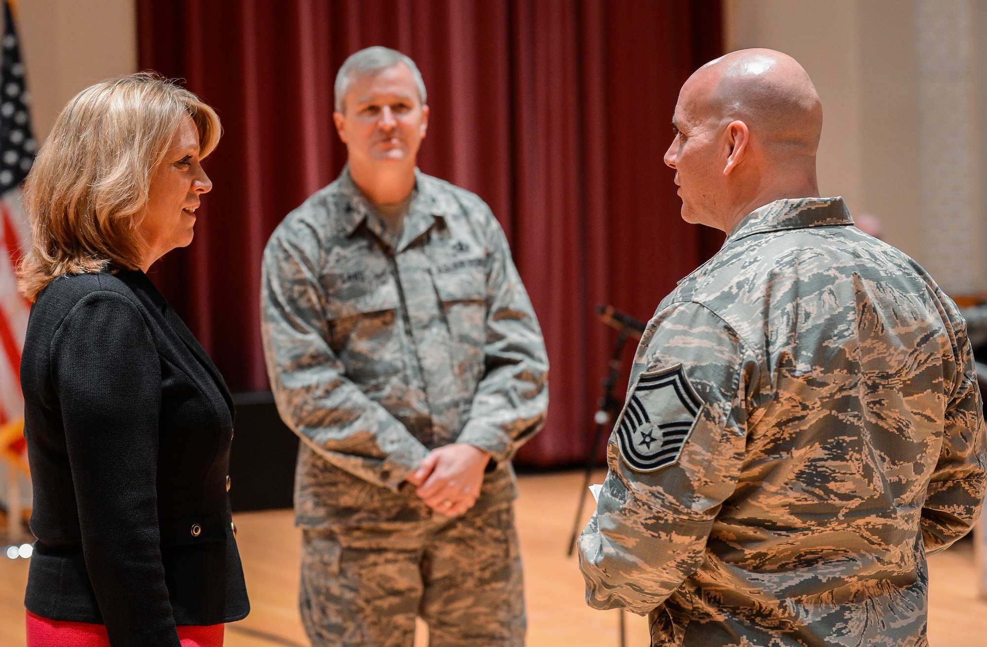Secretary of the Air Force Deborah Lee James talks with Senior Master Sgt. Tim Leahey during an immersion tour of The U.S. Air Force Band at Joint Base Anacostia-Bolling, D.C., Feb. 7, 2014. Leahey is the noncommissioned officer in charge of the Airmen of Note, the premier jazz band of the U.S. Air Force. (U.S. Air Force photo/Jim Varhegyi)