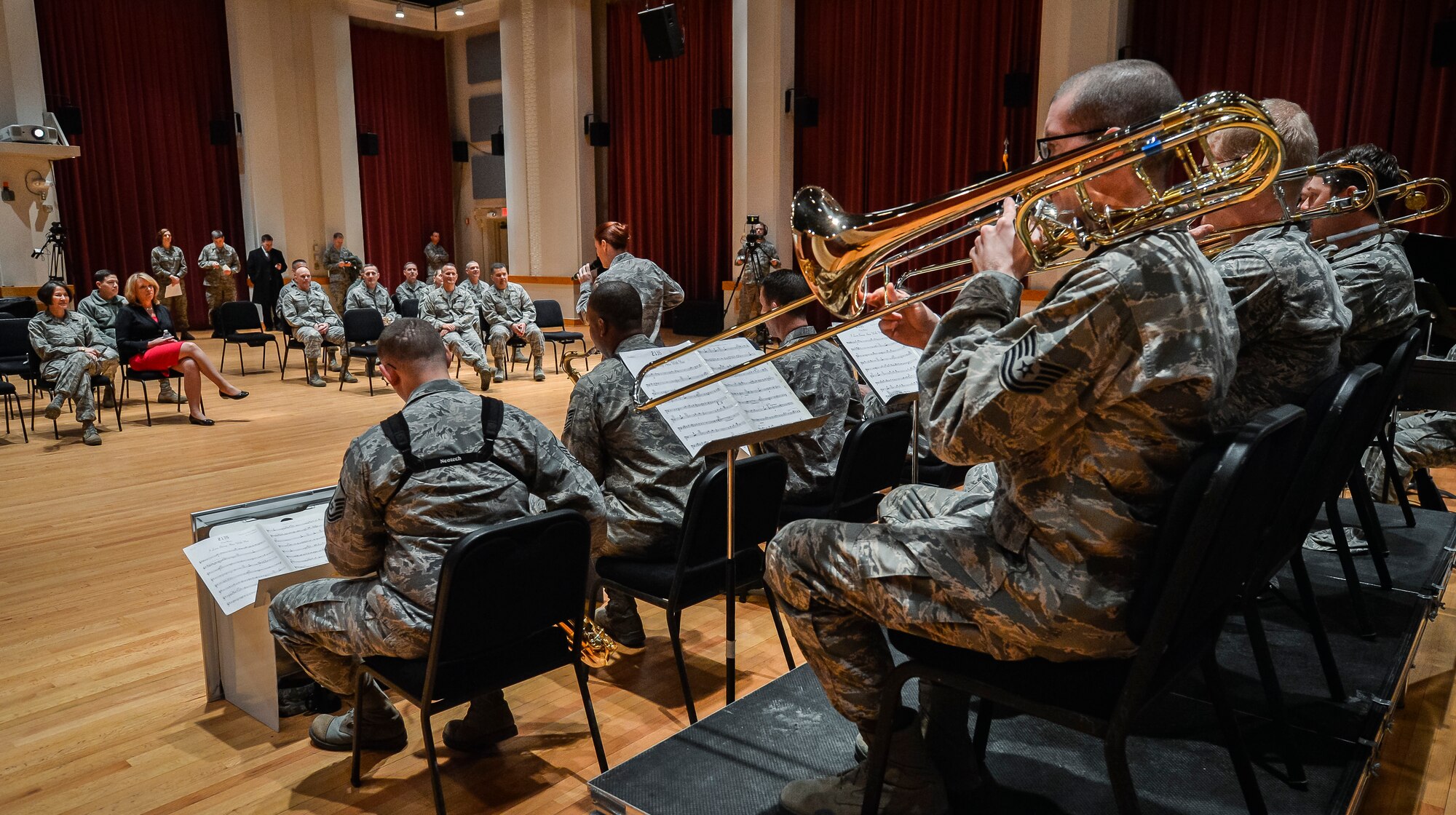 Secretary of the Air Force Deborah Lee James listens to the Airmen of Note perform for her during an immersion tour at Joint Base Anacostia-Bolling, D.C., Feb. 7, 2014. (U.S. Air Force photo/Jim Varhegyi)