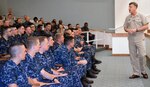 RAdm. Sean Buck, director of the 21st Century Sailor Office speaks with Navy Medicine Training Support Center staff and students about recent policy initiatives on resiliency and prevention activities in the Navy.