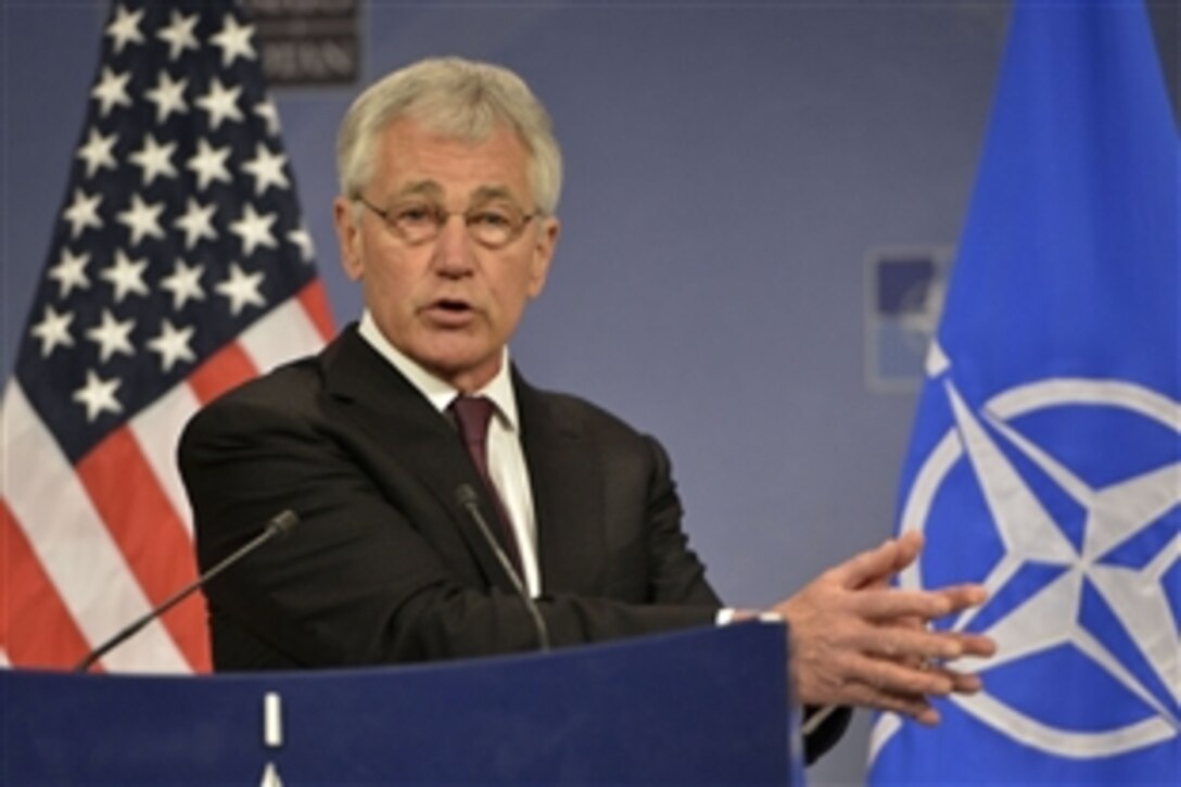 U.S. Defense Secretary Chuck Hagel holds a press conference as the NATO defense ministerial meetings draw to a close in Brussels, Feb. 27, 2014. Hagel took questions about Afghanistan and the evolving crisis in Ukraine.