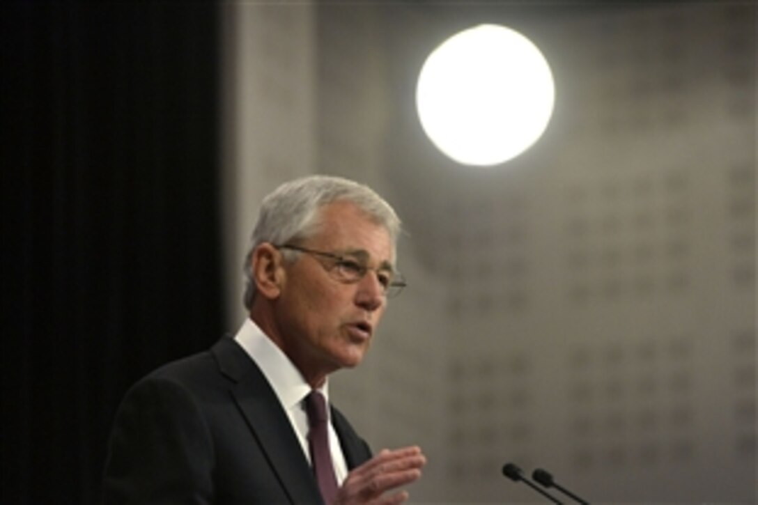 U.S. Defense Secretary Chuck Hagel holds a press conference as the NATO defense ministerial meetings draw to a close in Brussels, Feb. 27, 2014. Hagel took questions about Afghanistan and the evolving crisis in Ukraine.