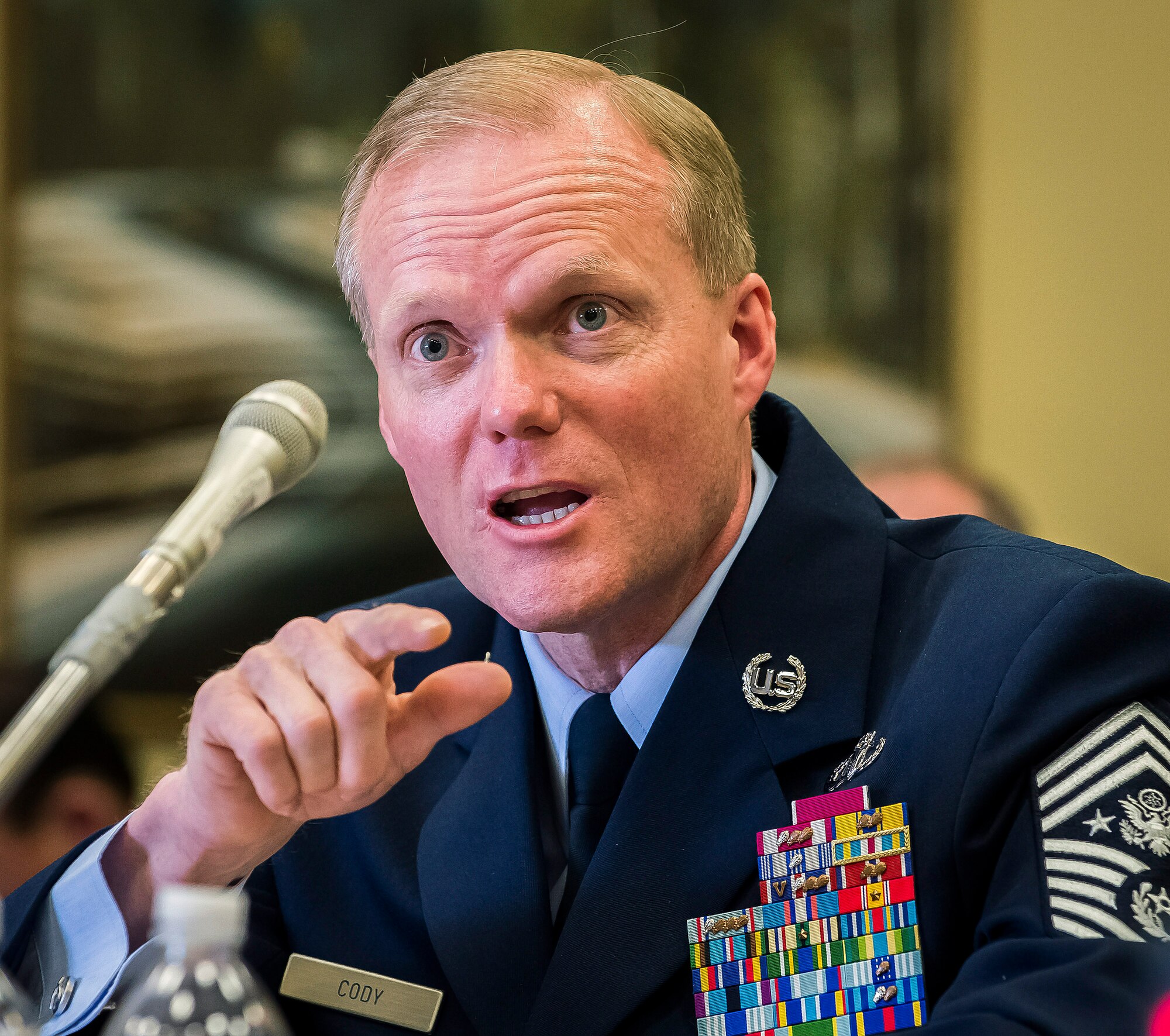 Chief Master Sgt. of the Air Force James A. Cody answers a question about the quality of life in the military during a hearing of the House Appropriations Committee, Subcommittee on Military Construction and Veteran's Affairs, Feb. 26, 2014, in Washington, D.C. With Cody on Capitol Hill were senior enlisted advisors for the other services: Sgt. Major of the Marine Corps Michael Barrett, Master Chief Petty Officer of the Navy Michael Stevens and Sgt. Major of the Army Raymond F. Chandler III. (U.S. Air Force photo/Jim Varhegyi)