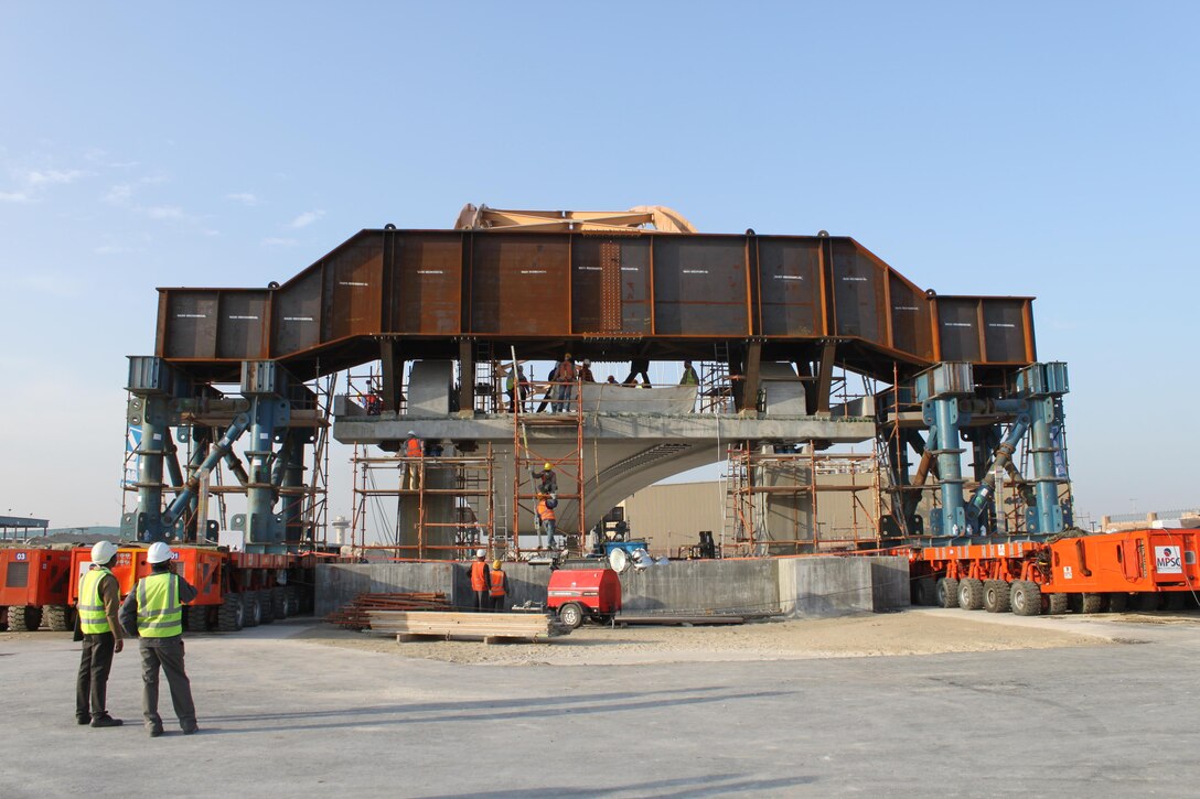 These support beams allow the self propelled mobile transports to safely lift the bridge and move it into its final position