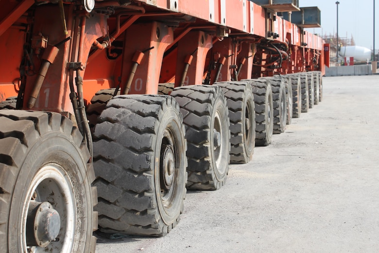 Each set of wheels on the Self Propelled Mobile Transports had to be operated manually. These machines were used to transport the bridge nearly 260 yards across a major causeway into its final position. The bridge will now connect the Naval Support Activity Bahrain 1 and 2.