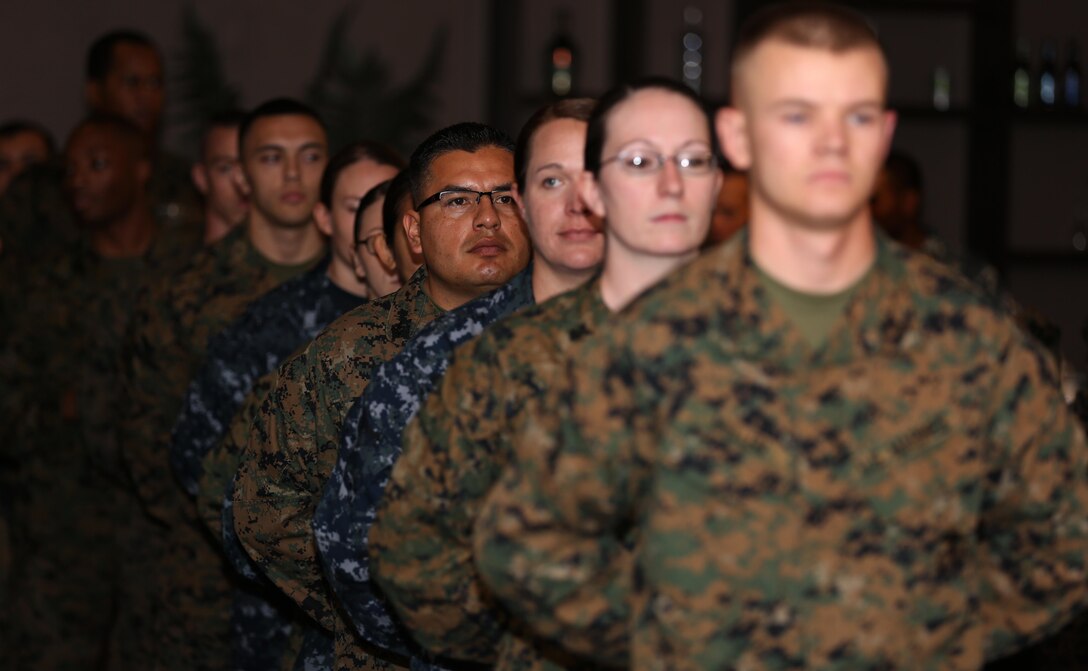 Marines and Sailors with 3rd Marine Aircraft Wing line up for the aircraft wing and installation’s quarterly awards ceremony aboard Marine Corps Air Station Miramar, Calif., Feb. 28. During the ceremony the Marines and Sailors received awards for achievements throughout the quarter.