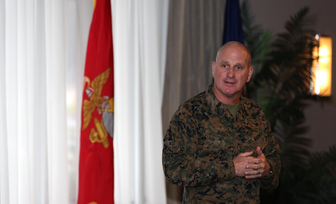 Maj. Gen. Steven Busby, commanding general of the 3rd Marine Aircraft Wing, speaks to honored quests during the aircraft wing and installation’s quarterly awards ceremony aboard Marine Corps Air Station Miramar, Calif., Feb. 28. Busby honored the Marines and Sailors for their hard work and dedication to not only their branch of service, but to their peers as well.
