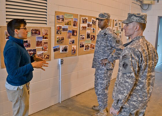 Christine McWhorter, San Francisco District contractor at Hamilton Native Plant Nursery, explains to Brig. Gen. Dave Turner, South Pacific Division commander and Lt. Col. John Baker, San Francisco District commander, the benefits gained by volunteer groups from the local community that assist with planting vegetation on the Hamilton Wetlands Restoration Project, Feb. 27, 2014, Novato, Calif. 