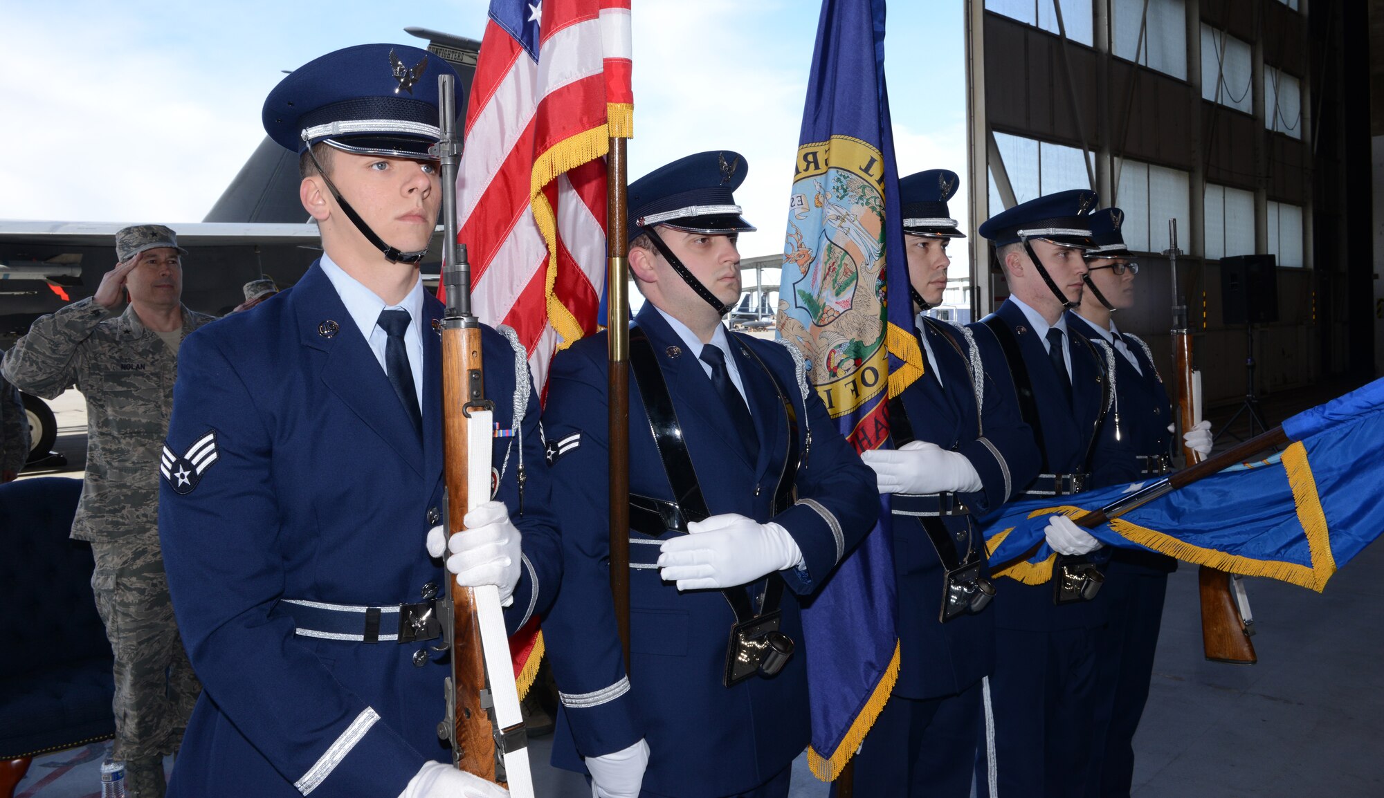 Members of the base honor guard presents the colors during the 266th Range Squadron assumption of command. The ceremony was held Feb. 28, 2014 at Mountain Home Air Force Base, Idaho. (U.S. Air Force photo by Airman 1st Class Malissa Lott/RELEASED) 