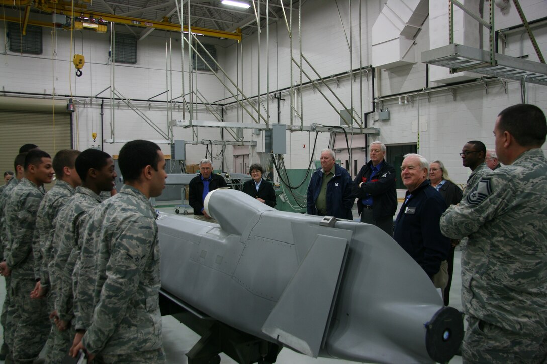U.S. Air Force AGM-86B Air-Launched Cruise Missile maintenance
students from Vandenberg's 532nd Training Squadron brief the Association of Air Force Missileers delegation on periodic inspections and repair of electrical systems on weapon support equipment, missile guidance and control system components Jan 22 here. (Courtesy photo)