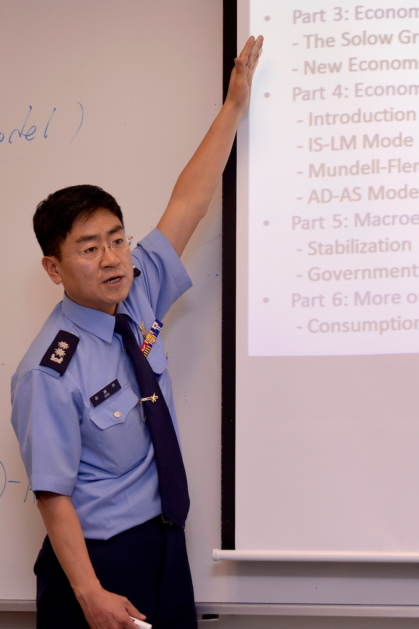 Republic of Korea Lt. Col. Bongju Song is shown here in an Academy classroom. Song is  is one of several exchange officers at the Academy. (Air Force photo/Liz Copan)