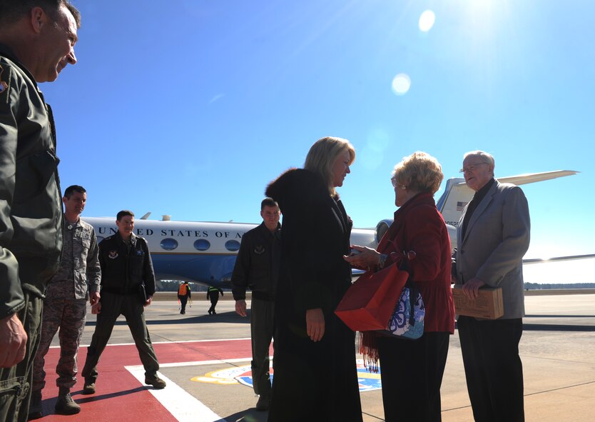 Secretary of the Air Force Deborah Lee James greets Parker Greene, Moody Support Committee chairman, and his wife Dr. Lucy Greene at Moody Air Force Base, Ga., Feb. 28, 2014. James took over in December 2013 as the 23rd SecAF. (U.S. Air Force photo by Senior Airman Olivia Bumpers/Released)