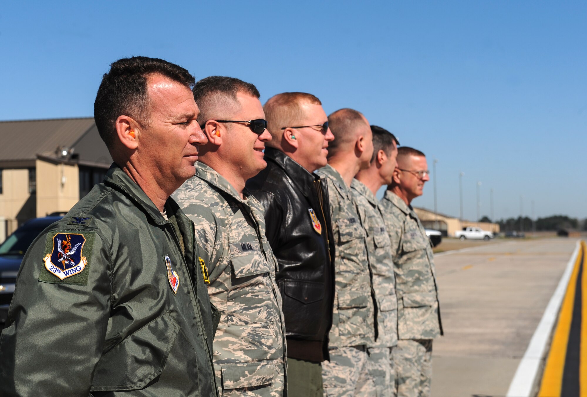 Team Moody leadership awaits the arrival of Secretary of the Air Force Deborah Lee James at Moody Air Force Base, Ga., Feb. 28, 2014. James is the second female SecAF in Air Force history. (U.S. Air Force photo by Senior Airman Olivia Bumpers/Released) 
