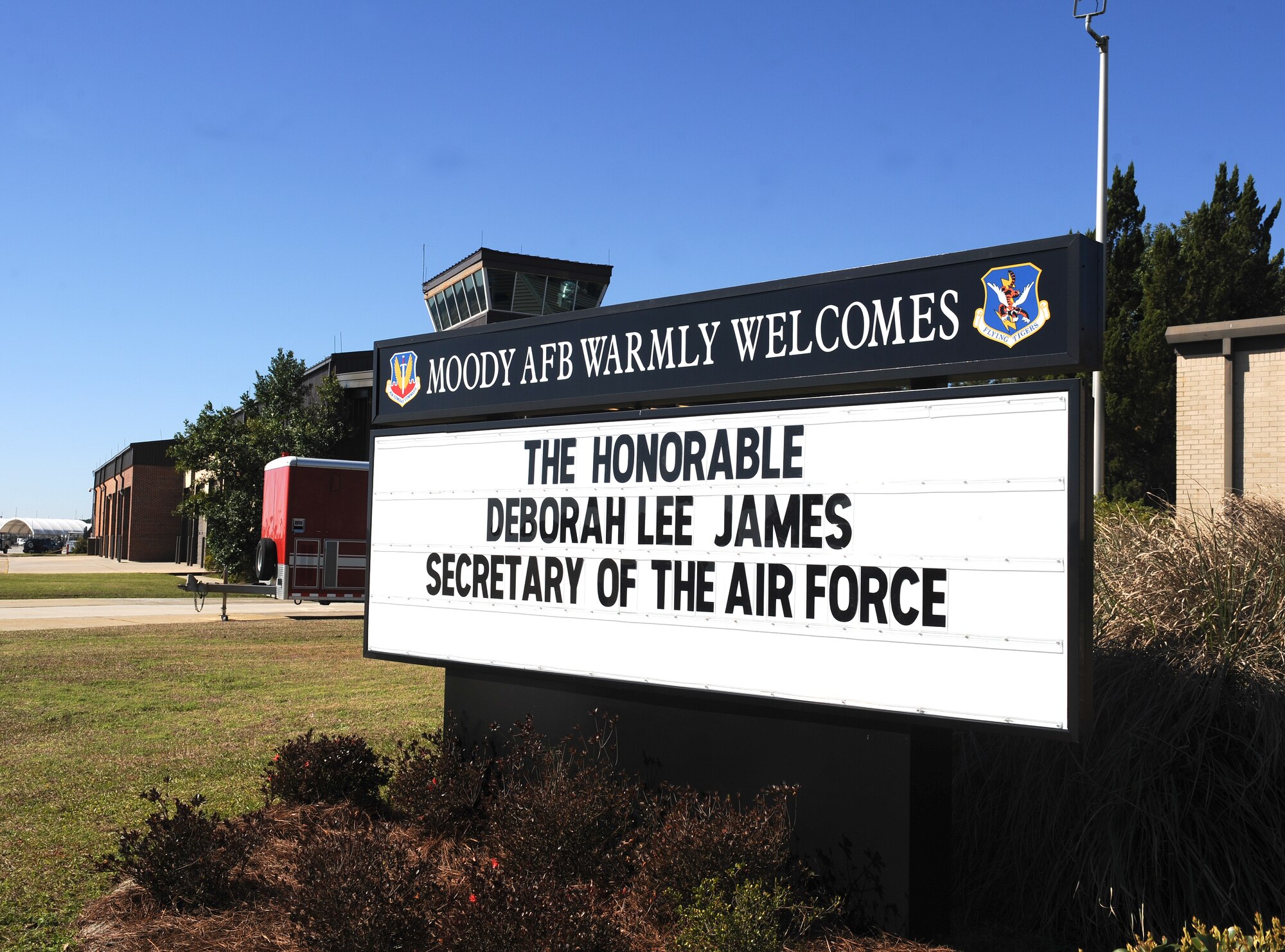 A welcome sign for Secretary of the Air Force Deborah Lee James sits outside at Moody Air Force Base, Ga., Feb. 28, 2014. James visited Moody for the first time since becoming the SecAF. (U.S. Air Force photo by Senior Airman Olivia Bumpers/Released)