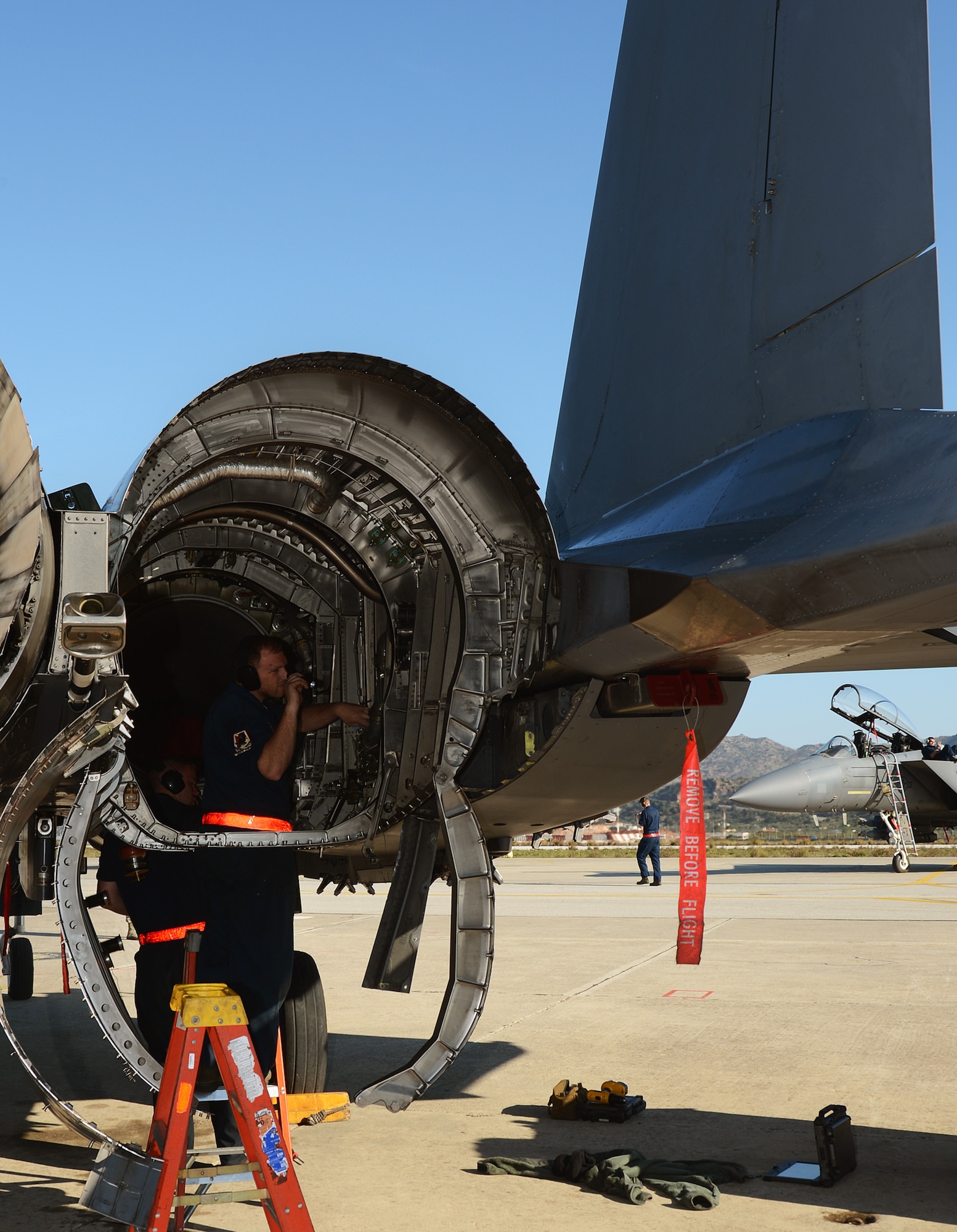 Maintainers from the 494th Expeditionary Fighter Squadron, prepare an F-15E Strike Eagle for an engine replacement at Souda Air Base, Greece, during a flying training deployment with the Hellenic air force, Feb. 27, 2014. Military relations between the U.S. and Greece date back to the early 19th century, when Greece was fighting for independence, as the two nations found commonality under their values of freedom and democracy. (U.S. Air Force photo by Staff Sgt. Thomas Trower/Released)