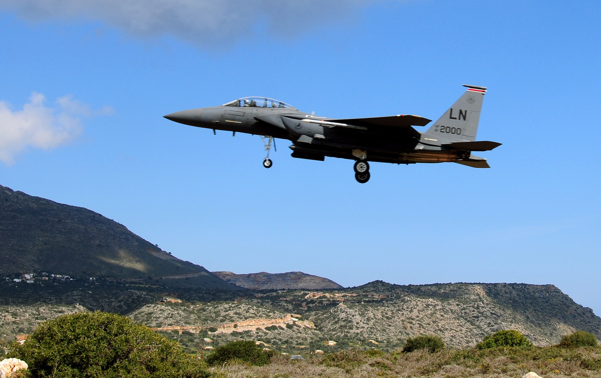 An F-15E Strike Eagle of the 494th Expeditionary Fighter Squadron takes off from Souda Air Base, Greece, during a flying training deployment with the Hellenic air force, Feb. 27, 2014. More than 250 Airmen from the 48th Fighter Wing participated in this deployment with NATO partners on Crete to build upon a strong, military relationship. (U.S. Air Force photo by Staff Sgt. Thomas Trower/Released)