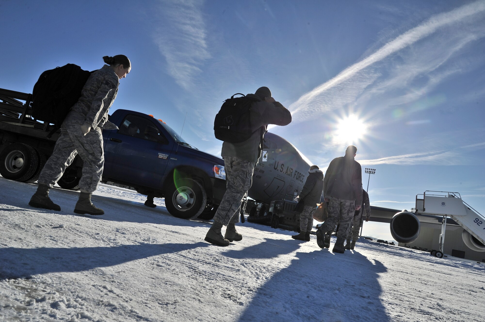 Fairchild Airmen board a KC-135 Stratotanker for their incentive refueling flight at Fairchild Air Force Base, Wash., Feb. 26, 2014.  The incentive flying programs are spread throughout the Air Force to entice good morale, a sense of purpose and recognition of a job well done. (U.S. Air Force Photo by Staff Sgt. Alexandre Montes)