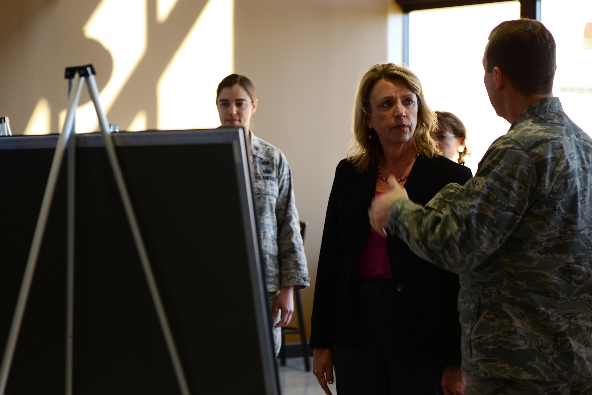 Secretary of the Air Force Deborah Lee James is greeted by U.S. Air Force Col. Jeffrey Kruse, 480th Intelligence Reconnaissance Wing commander, at Langley Air Force Base, Va., Feb. 27, 2014. James met with Kruse and other leaders to discuss the 480th ISR mission and capabilities. (U.S. Air Force photo by Airman 1st Class Kimberly Nagle/Released) 