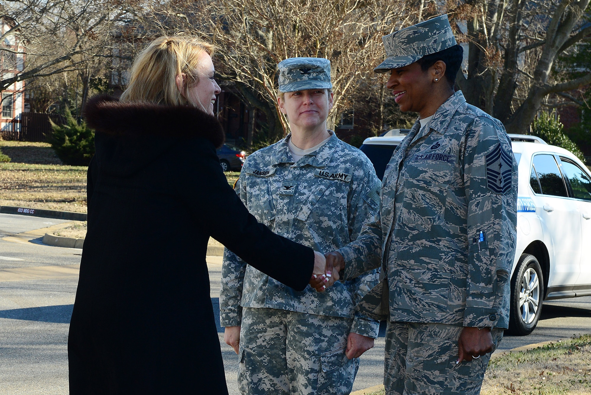 Secretary of the Air Force Deborah Lee James is welcomed by U.S. Air Force Col. Jayne Jansen, 633rd Air Base Wing vice commander and Chief Master Sgt. Trae King, 633rd ABW command chief, at Langley Air Force Base, Va., Feb. 27, 2014. During the meeting, the three leaders discussed joint basing and the concerns of today’s modern force with James. (U.S. Air Force photo by Airman 1st Class Kimberly Nagle/Released) 