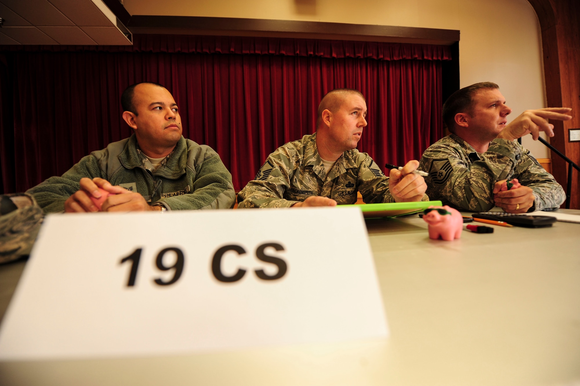 The 19th Communication Squadron’s Saves Week team asks a question during the competition Feb. 25, 2014, at Little Rock Air Force Base, Ark. The goals for this year's campaign are to provide financial education to every squadron and to contact 100 percent of Team Little Rock personnel with at least 80 percent taking the pledge. (U.S. Air Force photo by Senior Airman Kaylee Clark)