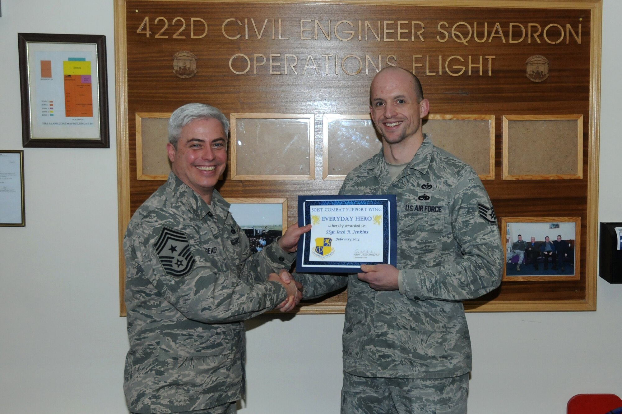 Staff Sgt. Jack Jenkins, 422nd Civil Engineer Squadron, was named the January 501st Combat Support Wing Everyday Hero from the 422nd Air Base Group.

Jenkins, the NCOIC of GeoBase, is responsible for the geographical information science infrastructure and surveying of all real property at RAF Croughton and four other installations. Consistently striving for the highest, he always gets the job done better than expected. The Richmond, Utah, native joined the Air Force to see the world and acquire a good education, and likes spending time with his family and enjoying the English experience. He is furthering his education, working toward a GIS certification, as well as a Masters Degree in GIS. (U.S. Air Force photo by Capt. Brian Maguire)
