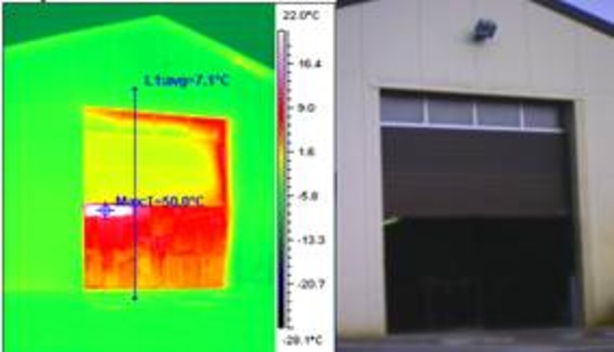 When a window or door remains open for an extended period of time, up to $11,000 in energy costs can be wasted. The heat index in this thermal image displays the heat released from an open maintenance bay door on Spangdahlem Air Base, Germany. The 52nd Civil Engineer Squadron environmental section works to increase awareness of energy efficiencies to protect the environment and save money. (U.S. Air Force photo illustration/Released)