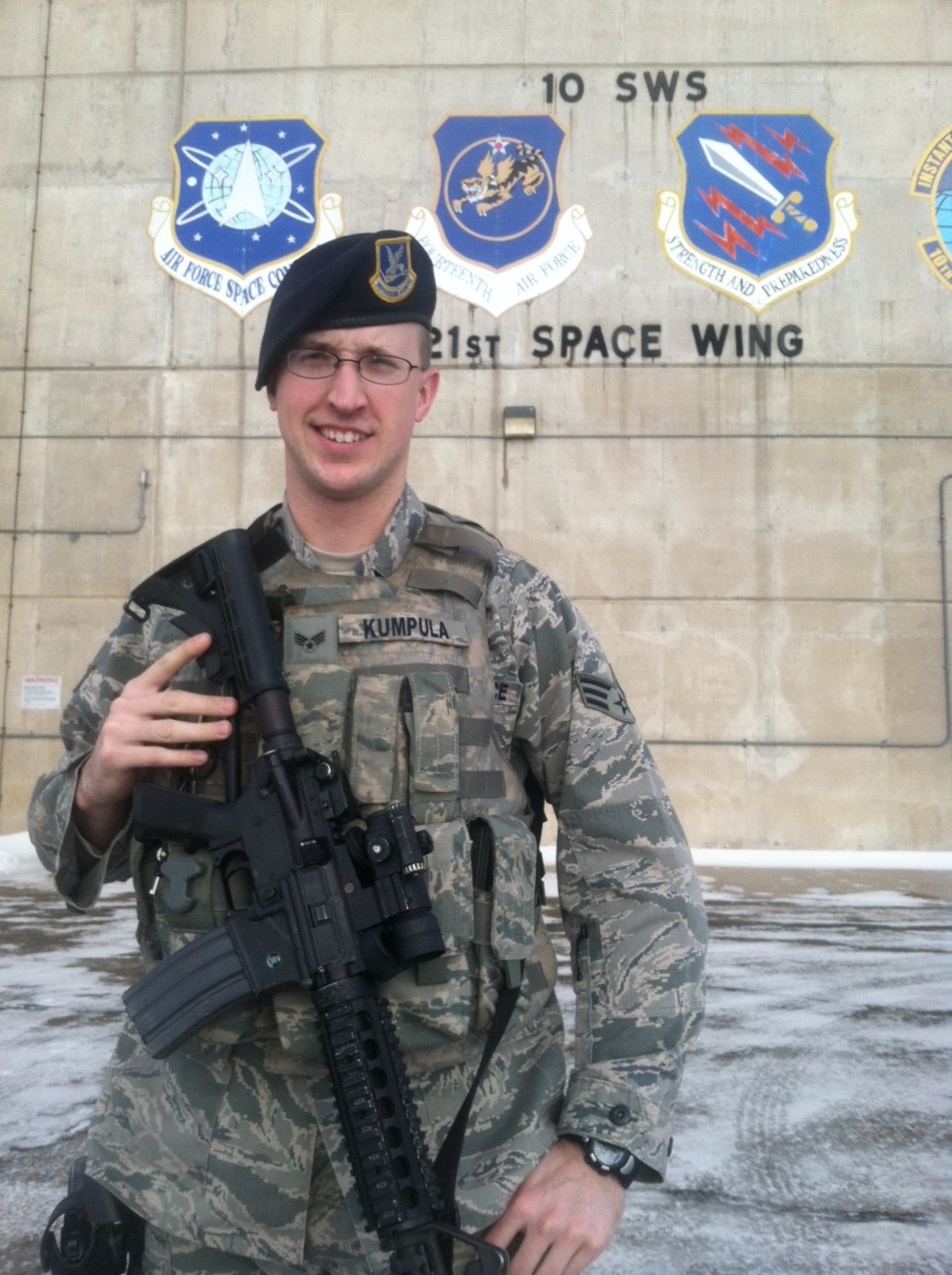 Senior Airman Alex Kumpula, a member of the 319th Security Forces Squadron, is periodically stationed at Cavalier Air Force Station, N.D. as a base defense operations center controller. In this role he helps protect the world's most capable phased-array radar system. (U.S. Air Force photo/Timothy Flack)