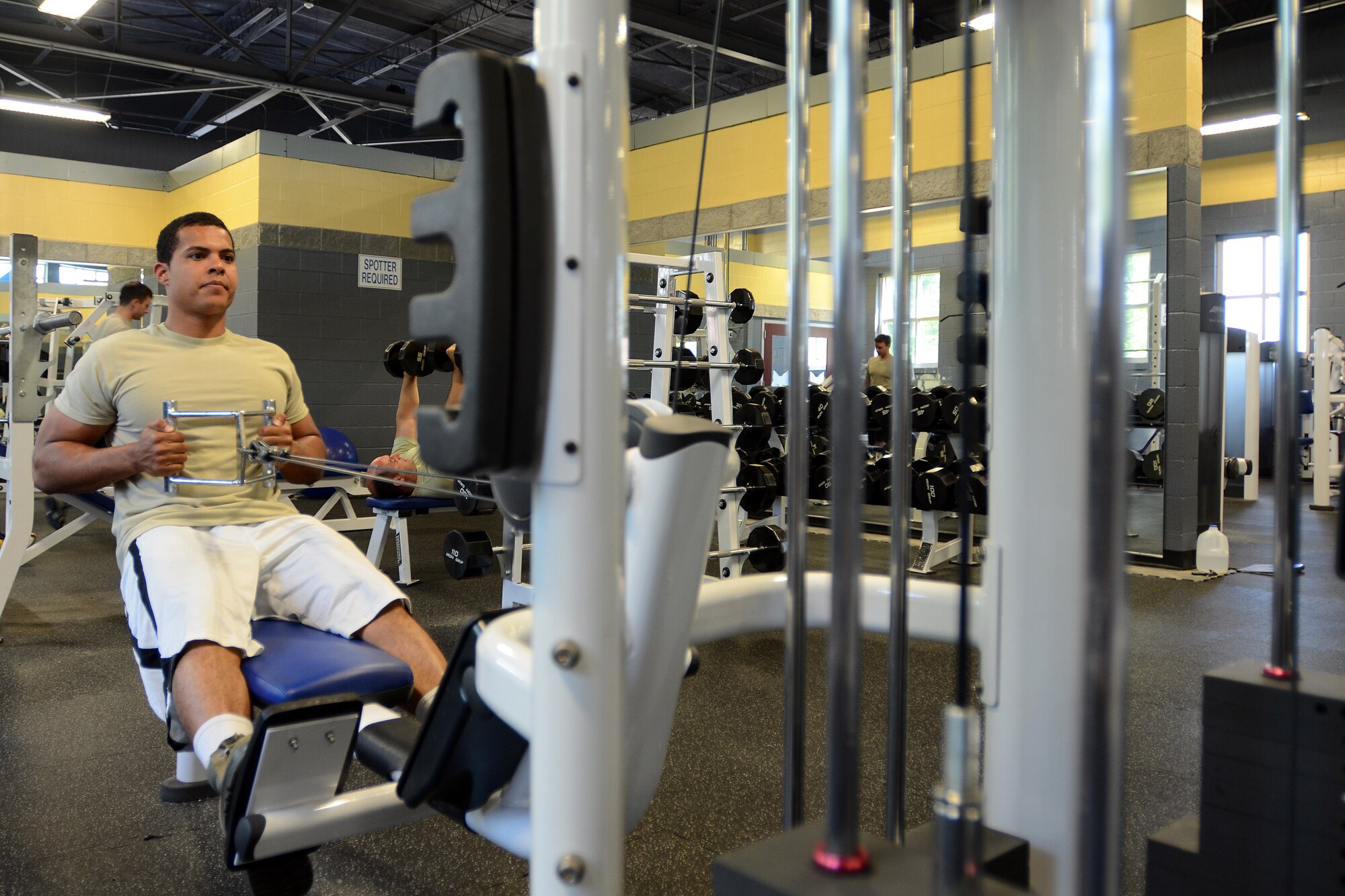 U.S. Air Force Airman 1st Class Justis Johnson, an avionics technician with the 169th Aircraft Maintenance Squadron, South Carolina Air National Guard at McEntire Joint National Guard Base, S.C., maintains his physical fitness during a workout in the base gym May 28, 2013.  (U.S. Air National Guard photo by Tech. Sgt. Caycee Watson/Released)