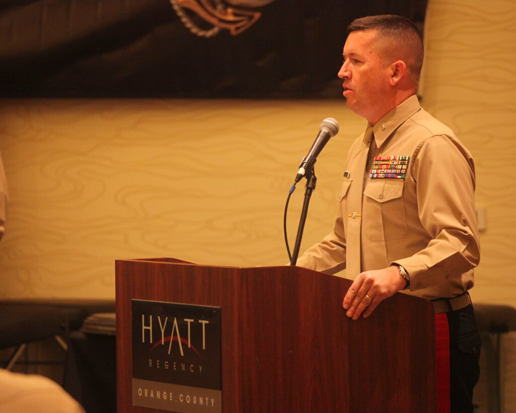 Brig. Gen. James W. Bierman, commanding general Western Recruiting Region and Marine Corps Recruit Depot San Diego, addresses players of the Semper Fidelis All-American Bowl Dec. 31. In its third year, the Semper Fidelis Football Program provides an opportunity for the Marine Corps to connect on a personal and local level with players and influencers. The 2014 Semper Fidelis All-American Bowl will be held on Jan. 5 at 6 p.m. in Carson, Calif. The game will be played at the StubHub Center and aired live on Fox Sports 1. (U.S. Marine Corps photo by Pfc. Brandon Thomas/released)
